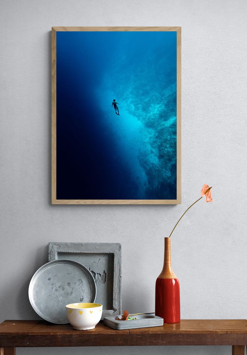 Underwater Diver Blue Depths Poster. — room view 3