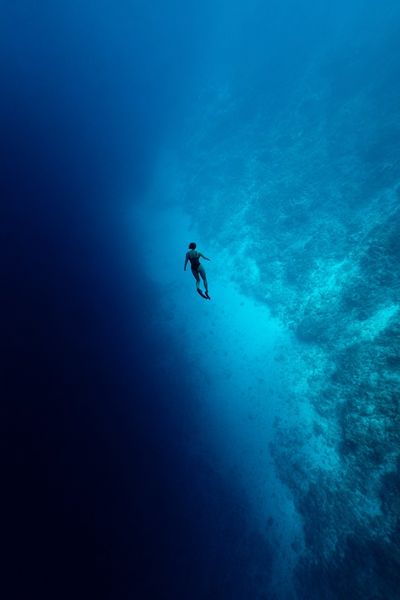 Underwater Diver Blue Depths Poster. poster