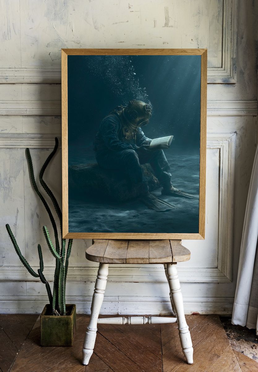 Underwater Diver Reading Poster. room preview