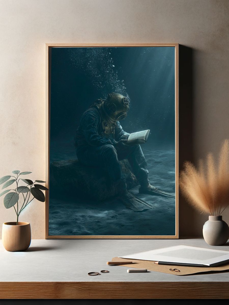 Underwater Diver Reading Poster. — room view 2