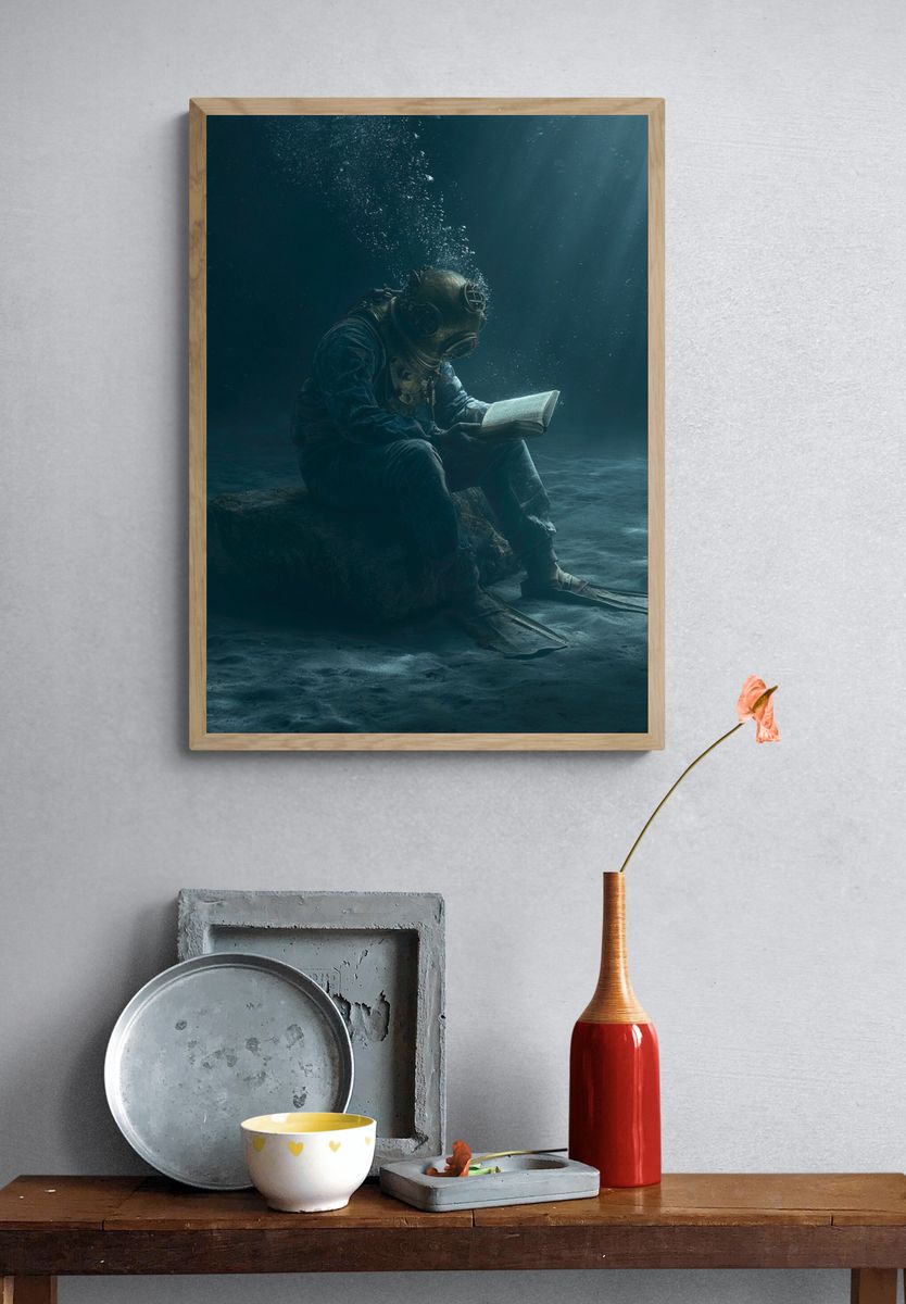 Underwater Diver Reading Poster. — room view 3