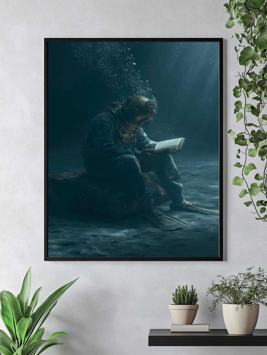 Underwater Diver Reading Poster. — room view 4