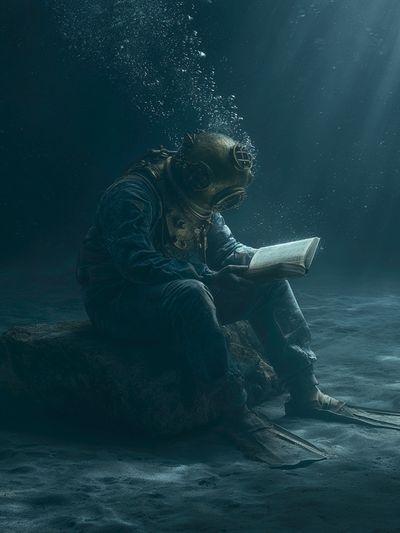 Underwater Diver Reading Poster. poster