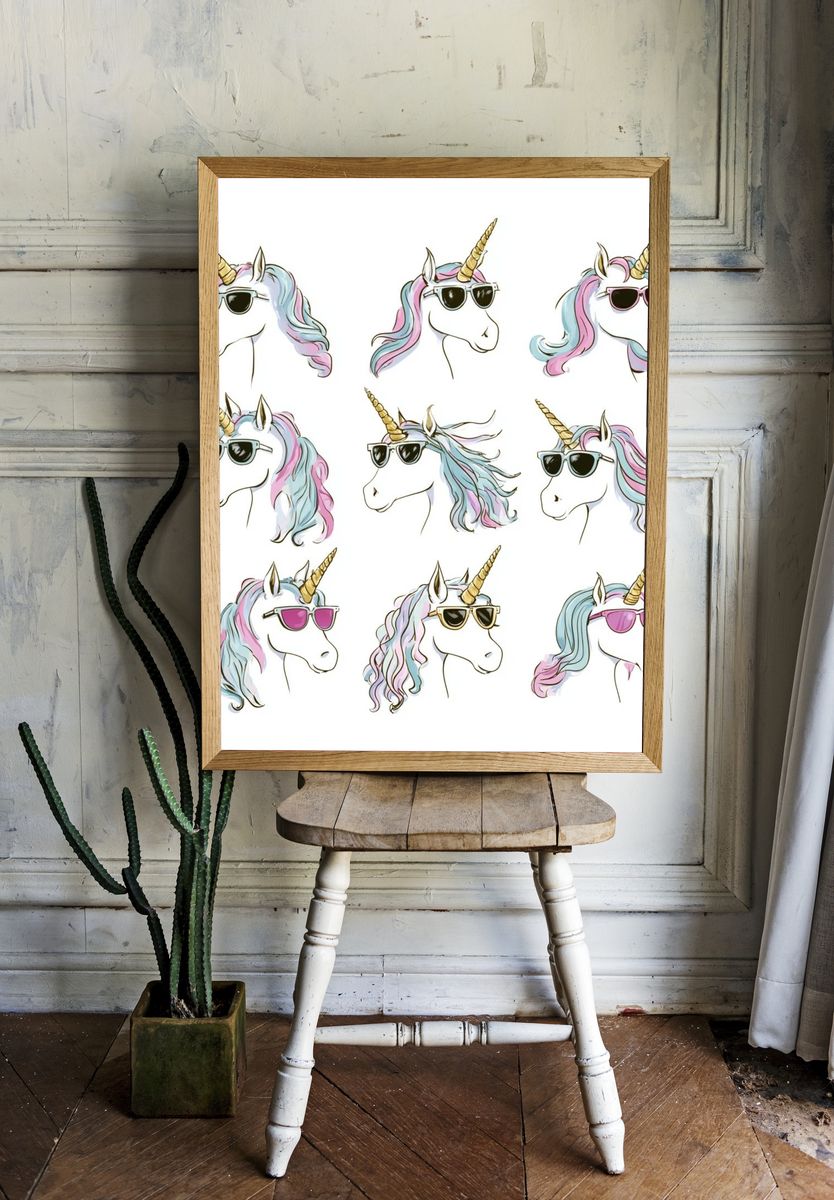 Pastel Unicorn Faces Illustration Poster. room preview
