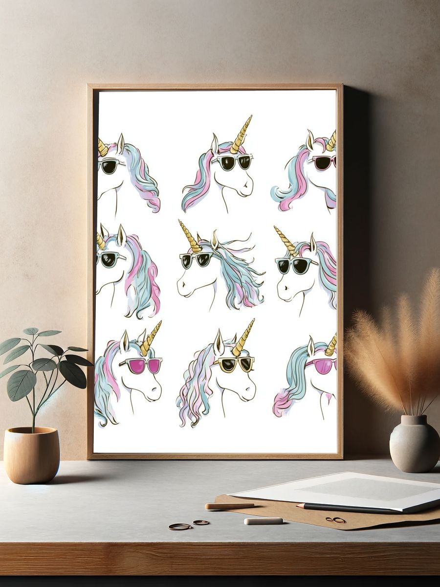 Pastel Unicorn Faces Illustration Poster. — room view 2