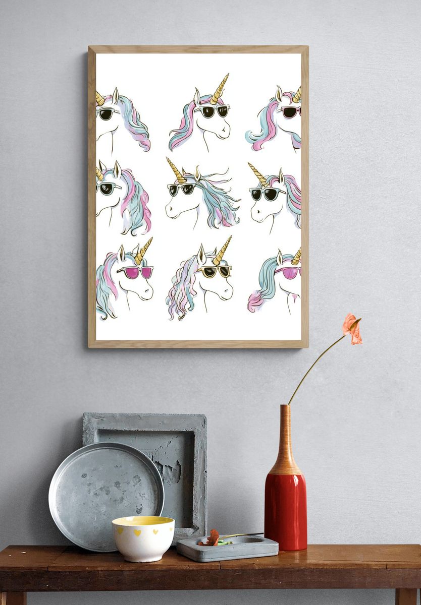 Pastel Unicorn Faces Illustration Poster. — room view 3
