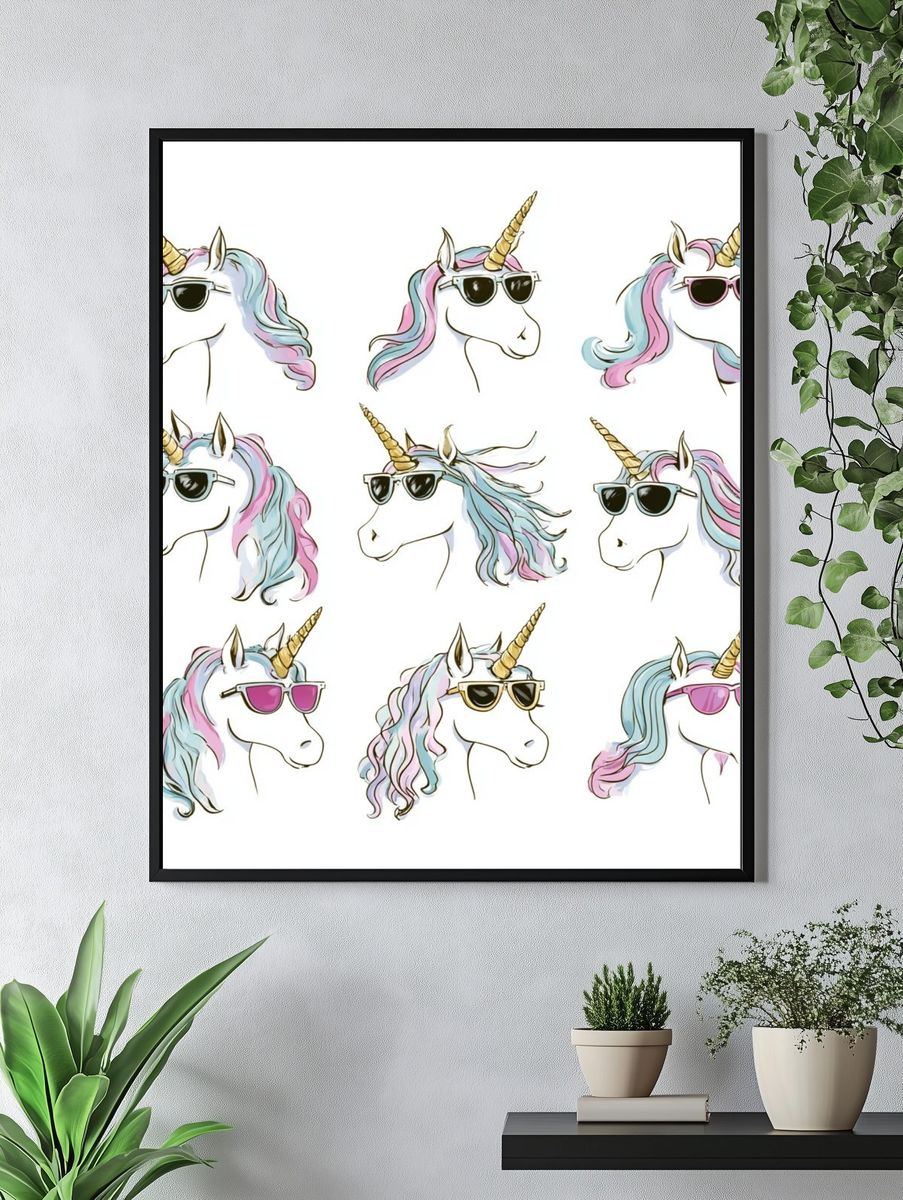 Pastel Unicorn Faces Illustration Poster. — room view 4