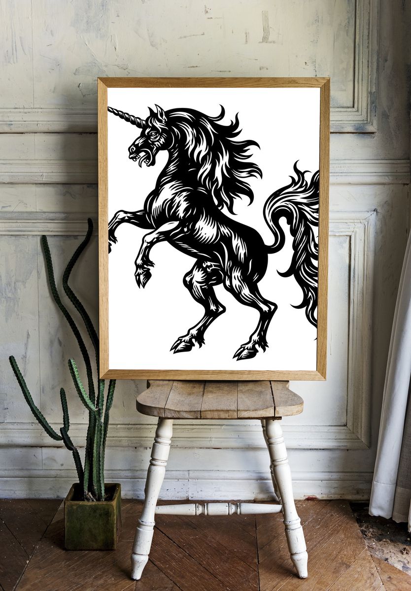Rearing Unicorn Black-White Poster. — room view 1