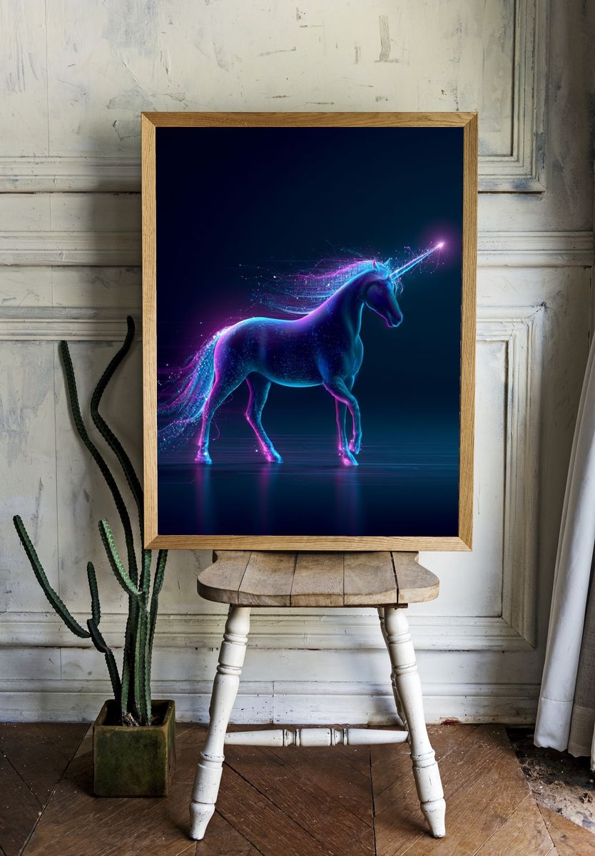 Neon Unicorn Digital Art Poster. room preview