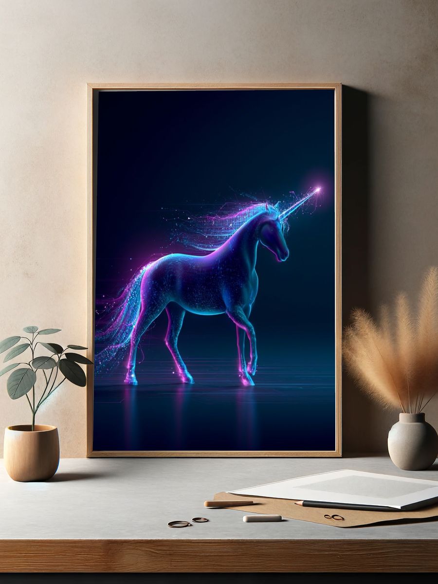 Neon Unicorn Digital Art Poster. — room view 2