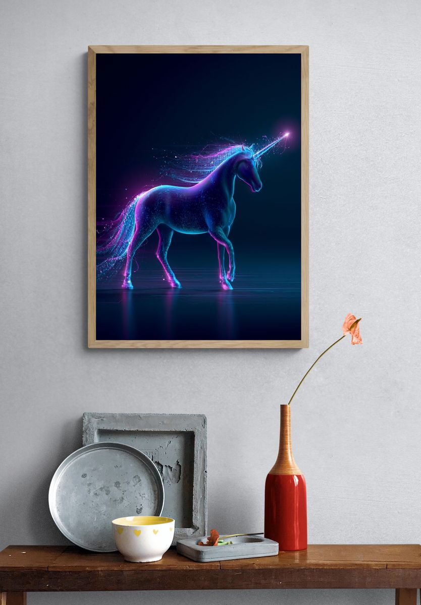Neon Unicorn Digital Art Poster. — room view 3