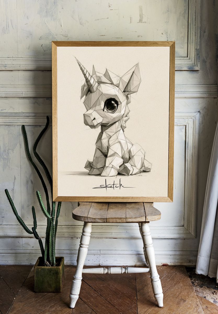 Low-Poly Unicorn Sketch Poster. room preview
