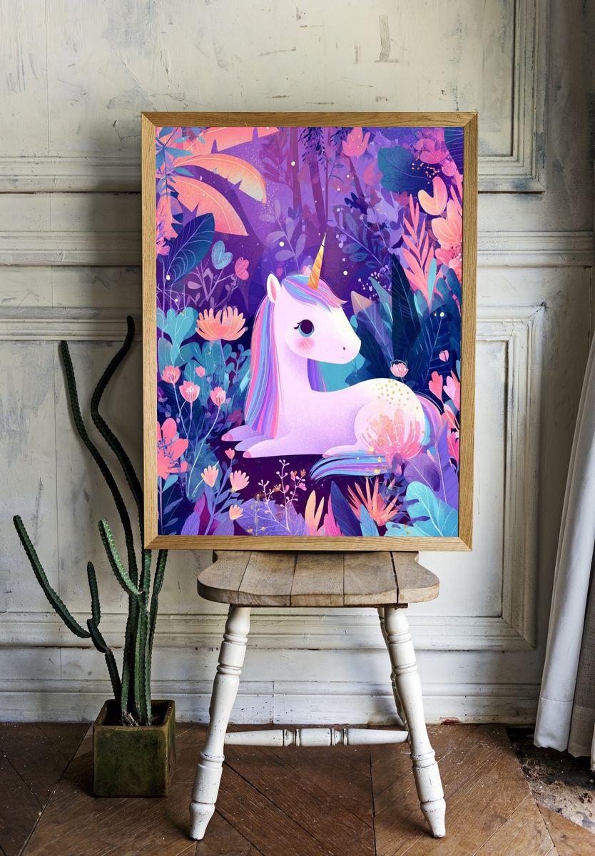 Whimsical Unicorn in Floral Garden — Illustration Print. — room view 1