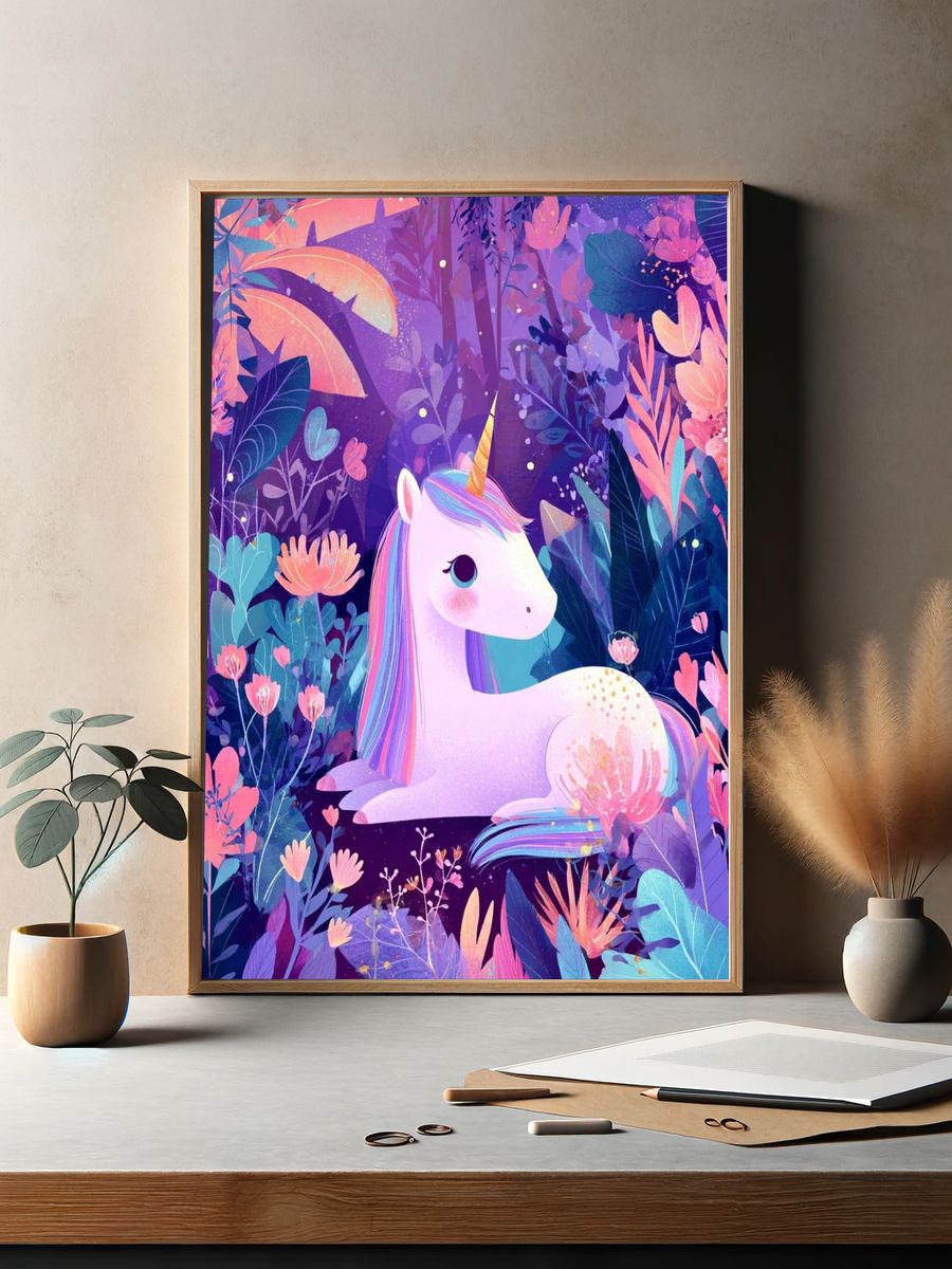 Whimsical Unicorn in Floral Garden — Illustration Print. — room view 2