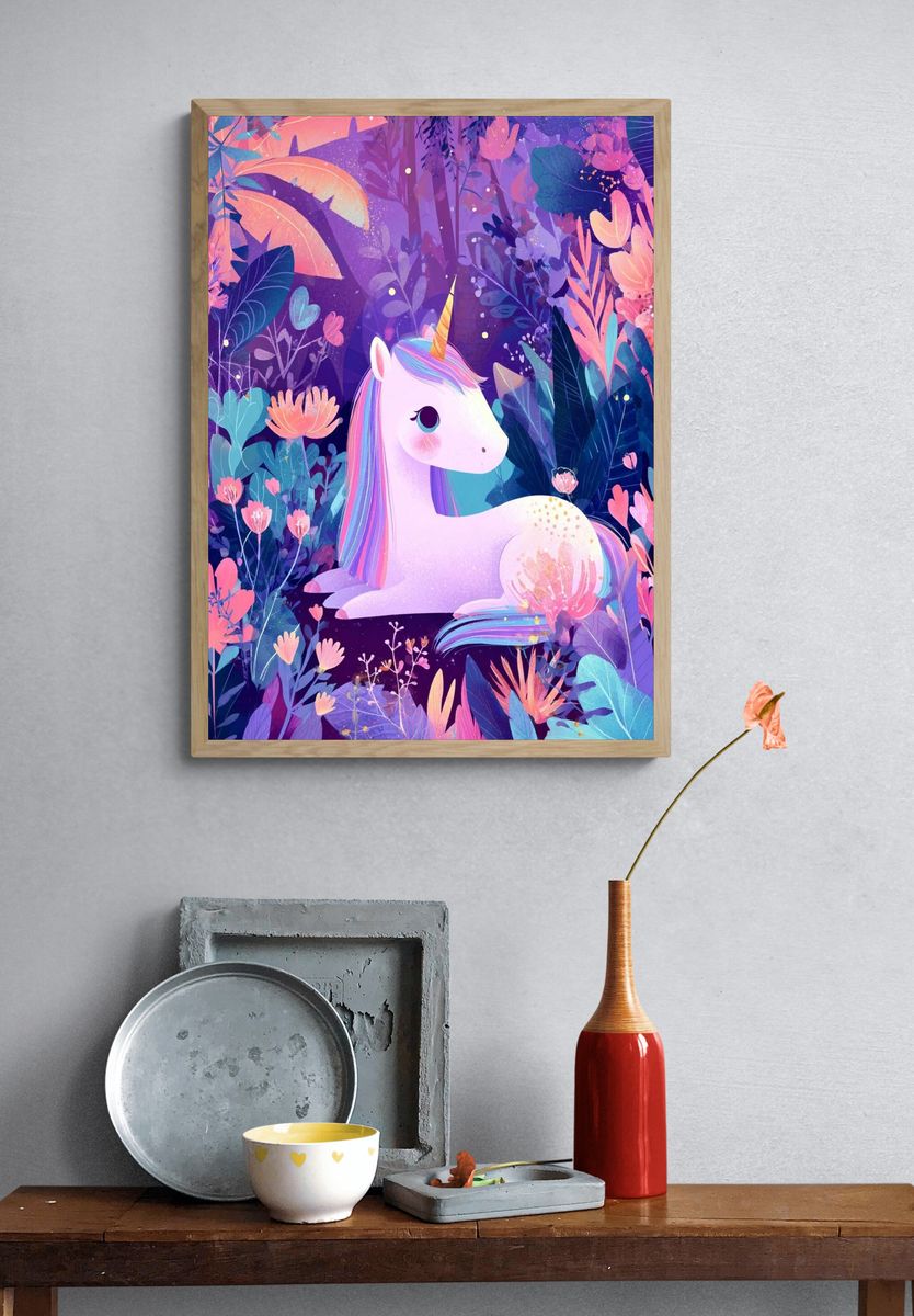 Whimsical Unicorn in Floral Garden — Illustration Print. — room view 3