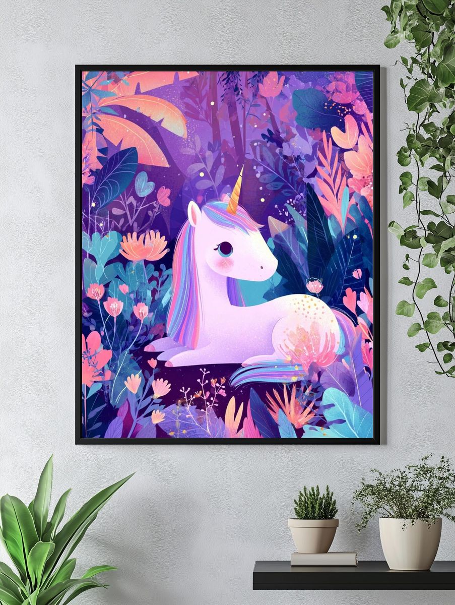 Whimsical Unicorn in Floral Garden — Illustration Print. — room view 4