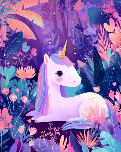 Whimsical Unicorn in Floral Garden — Illustration Print. poster