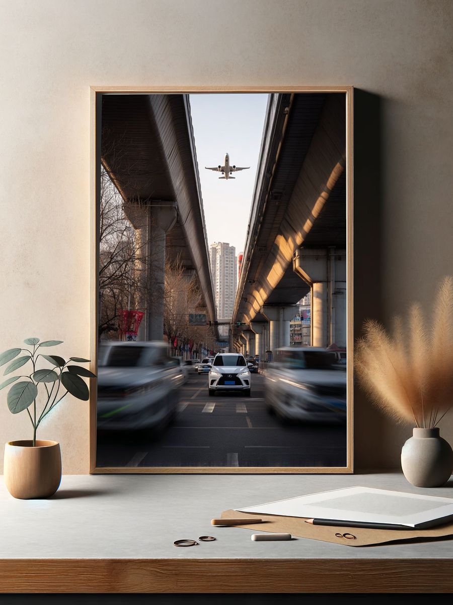 Urban Landscape with Airplane — Photography Print. — room view 2