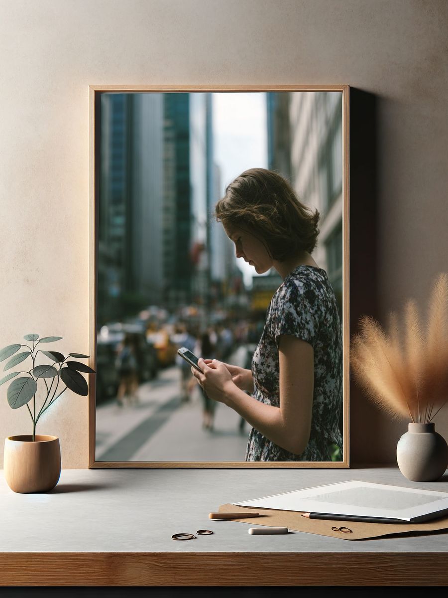 Urban Woman with Phone Photography Poster. — room view 2