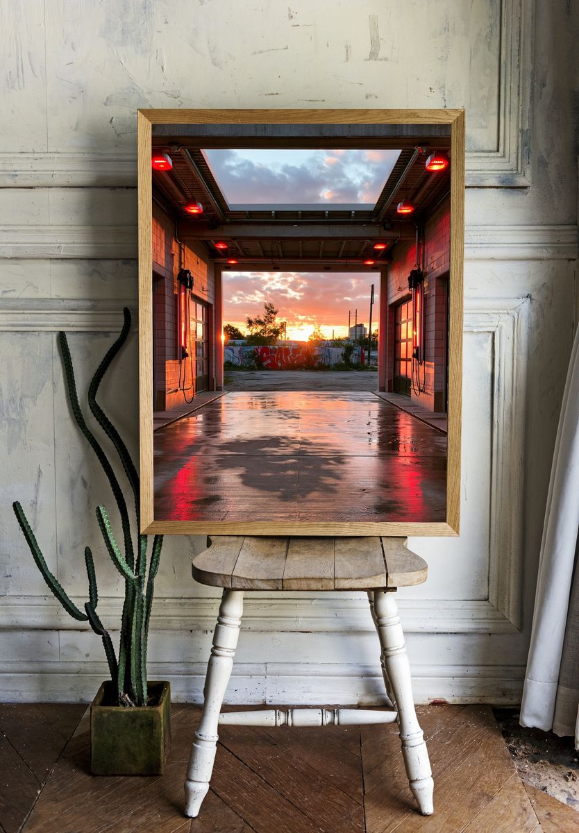 Urban Sunset Garage Photography Poster. room preview
