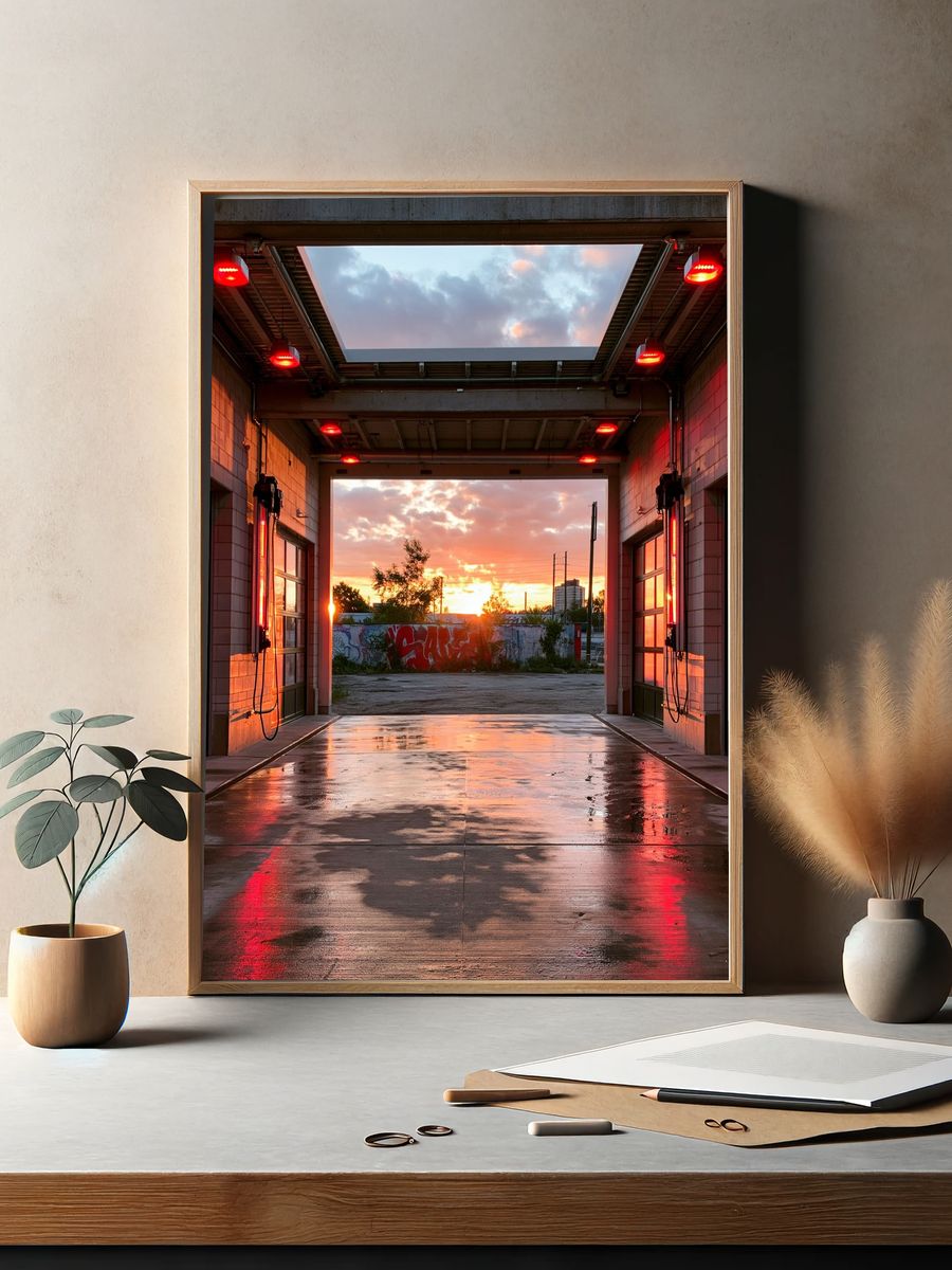 Urban Sunset Garage Photography Poster. — room view 2