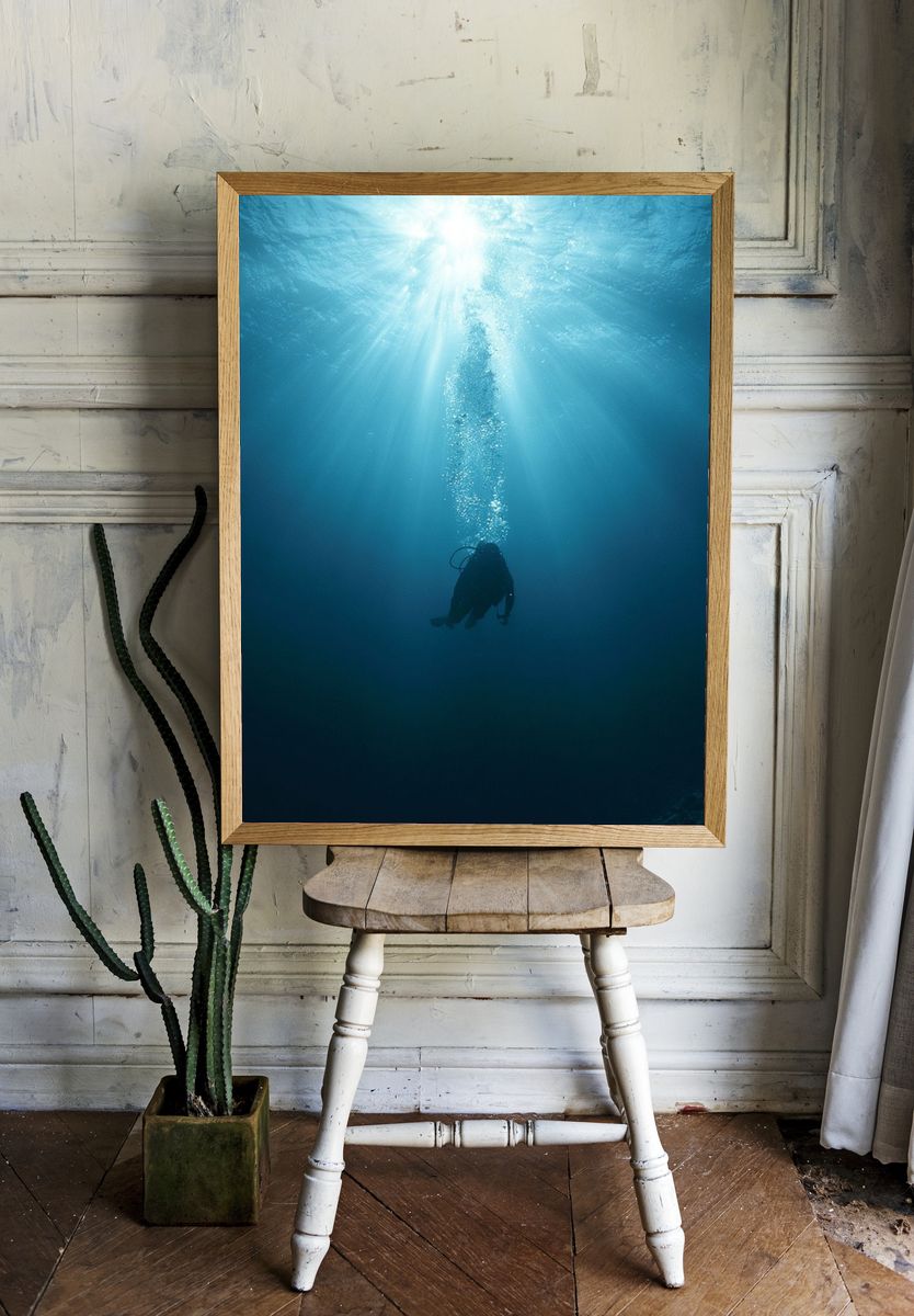 Underwater Diver Sunbeam Poster. room preview
