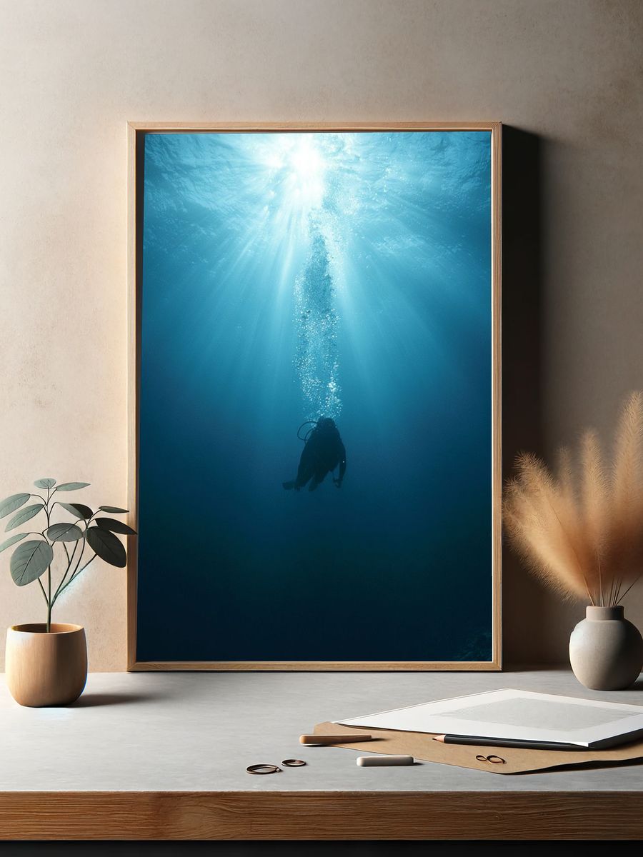 Underwater Diver Sunbeam Poster. — room view 2