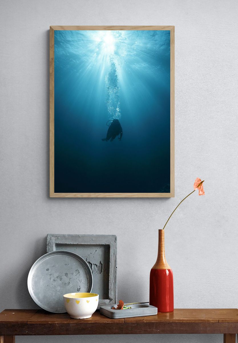Underwater Diver Sunbeam Poster. — room view 3