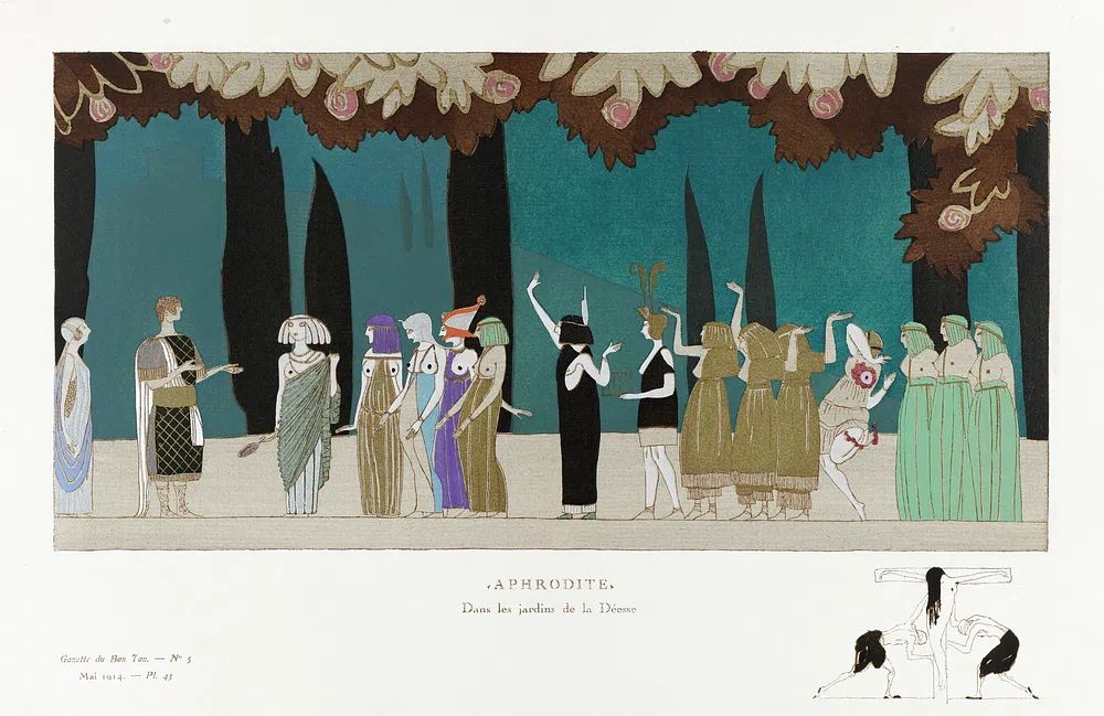 Aphrodite–In gardens Goddess (1914) fashion. poster — vintage art