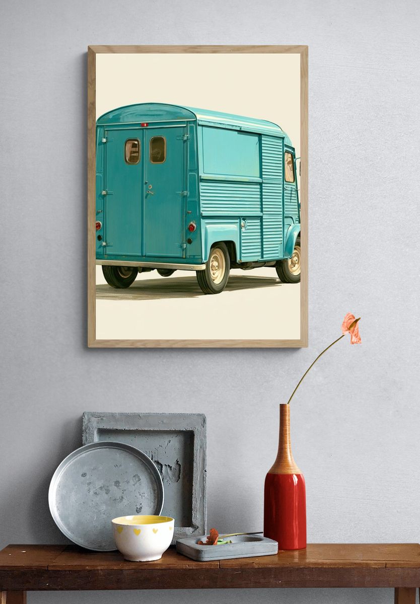 Vintage Blue Delivery Van Poster. — room view 3