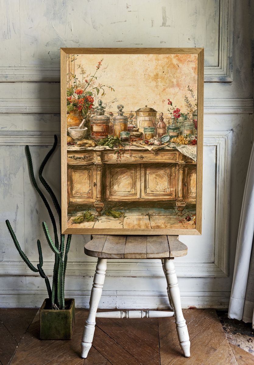 Vintage Apothecary Still Life Poster. — room view 1