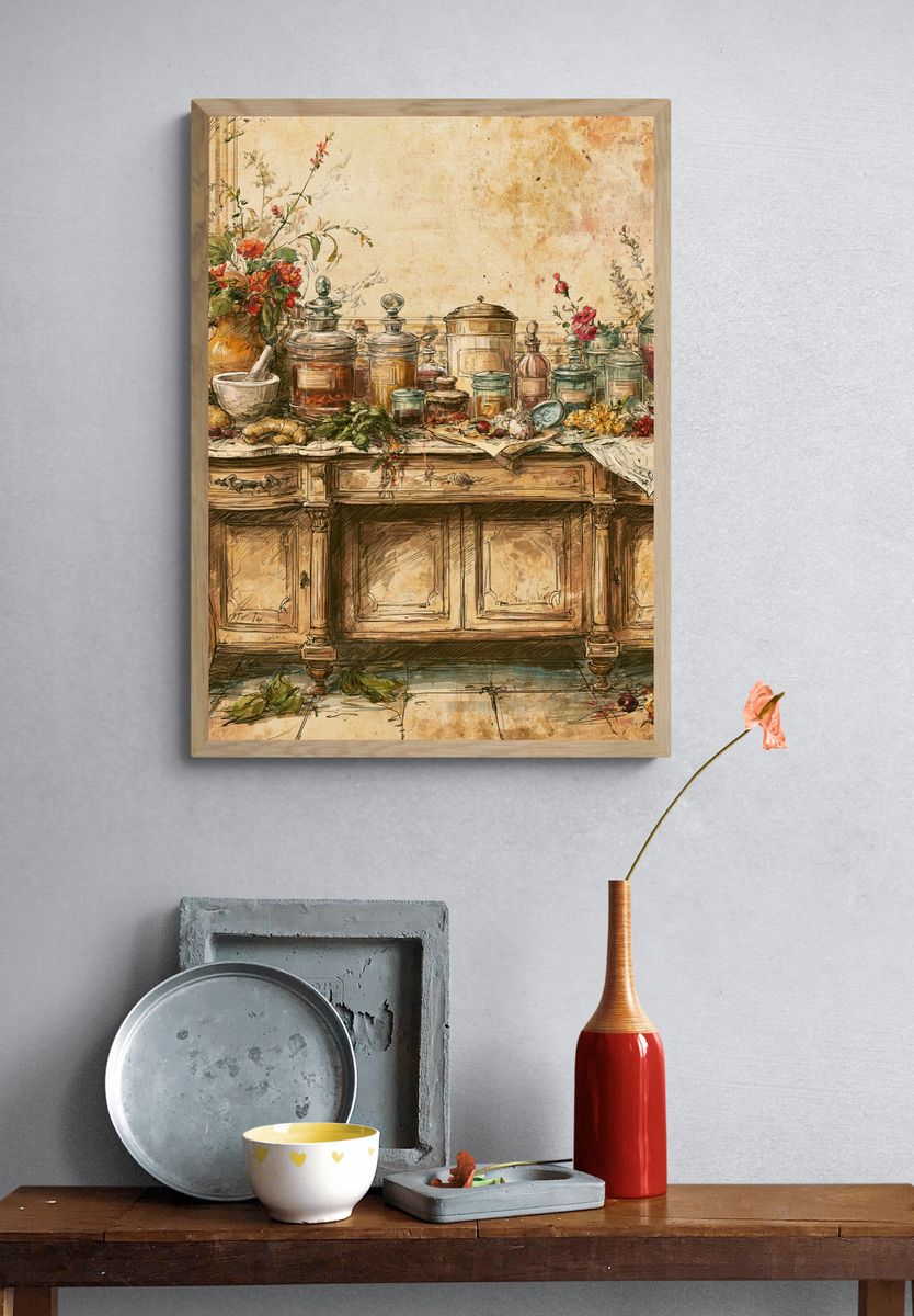 Vintage Apothecary Still Life Poster. — room view 3