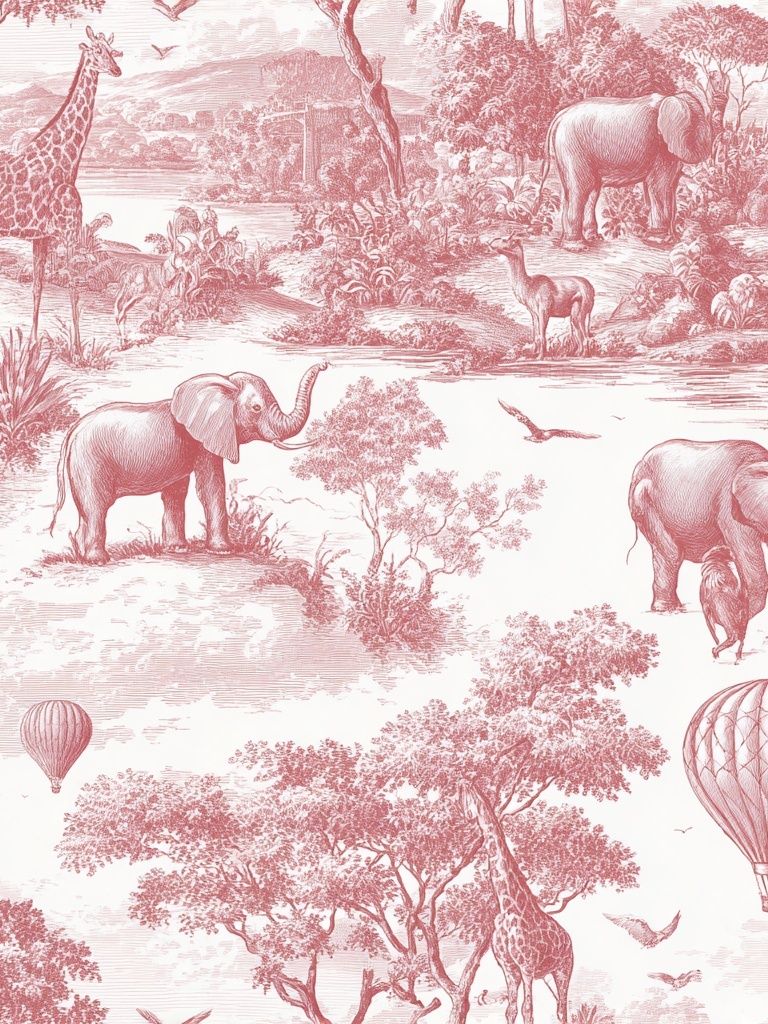 Safari Animals in Pink — Vintage Print. poster detail