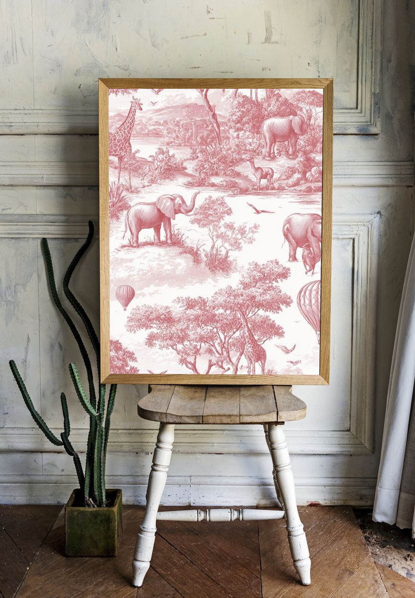 Safari Animals in Pink — Vintage Print. — room view 1