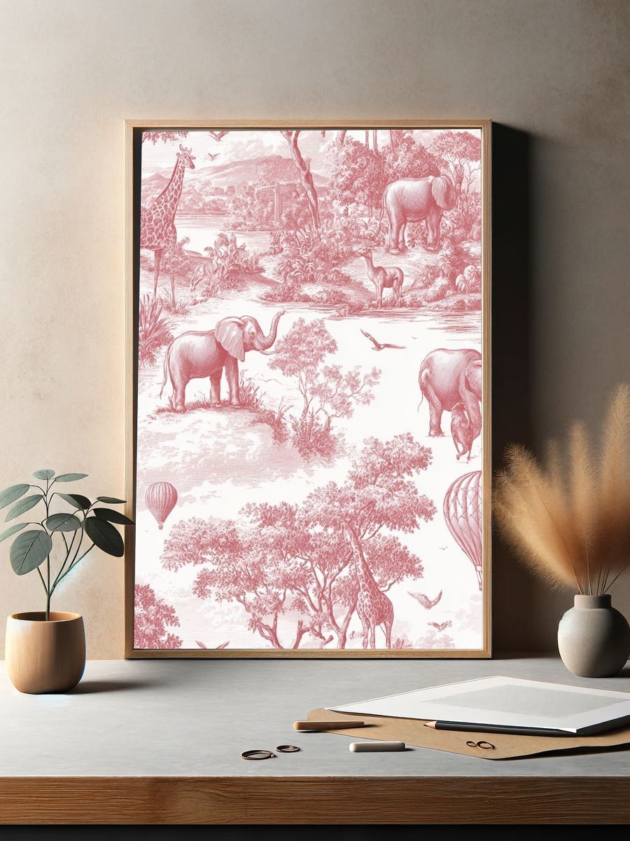 Safari Animals in Pink — Vintage Print. — room view 2