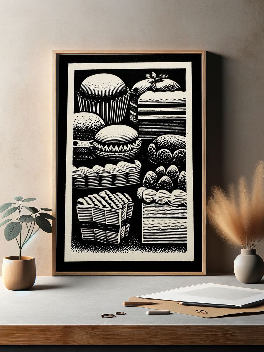 Vintage Cake Cuts Black-White Print. — room view 2