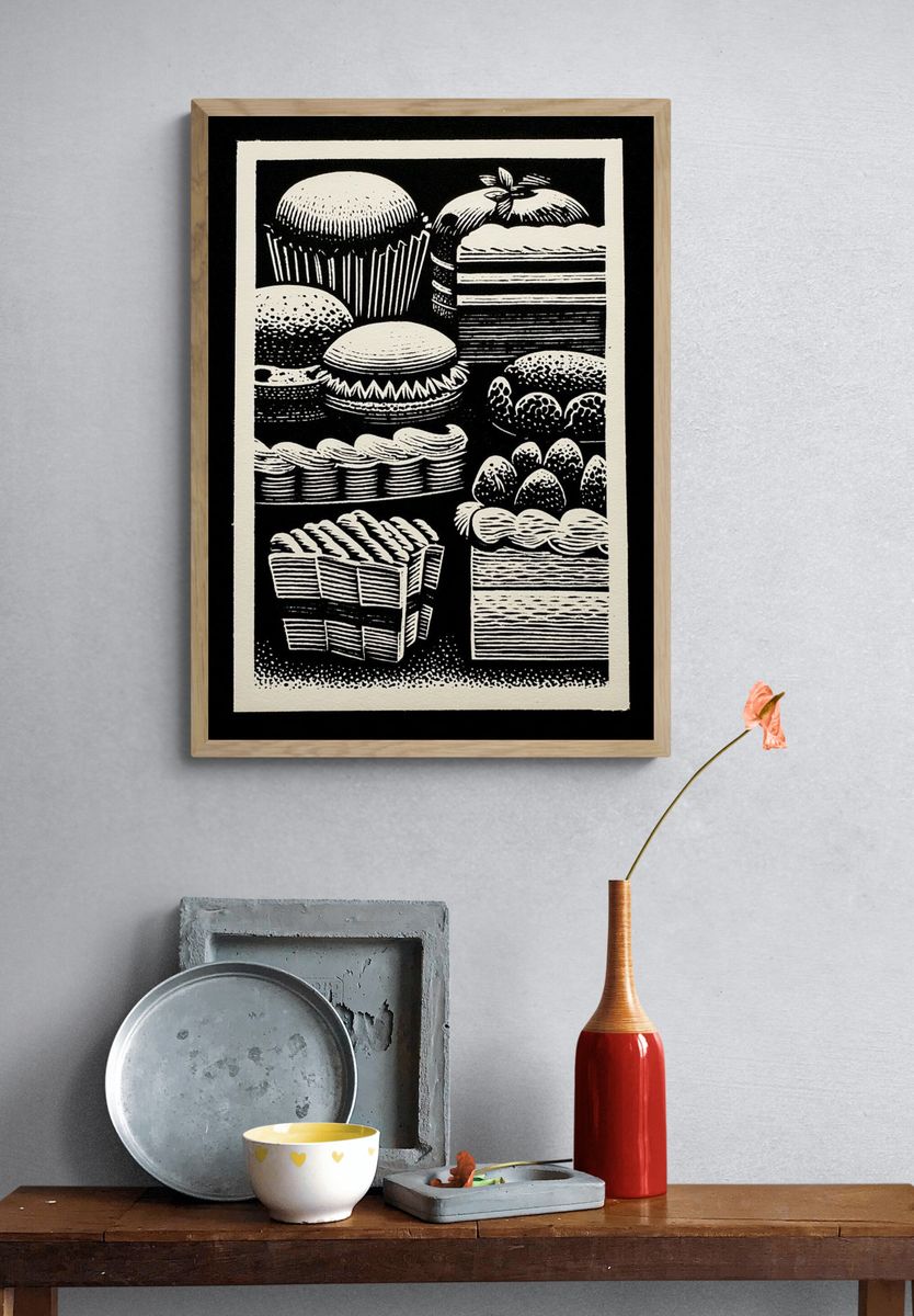 Vintage Cake Cuts Black-White Print. — room view 3
