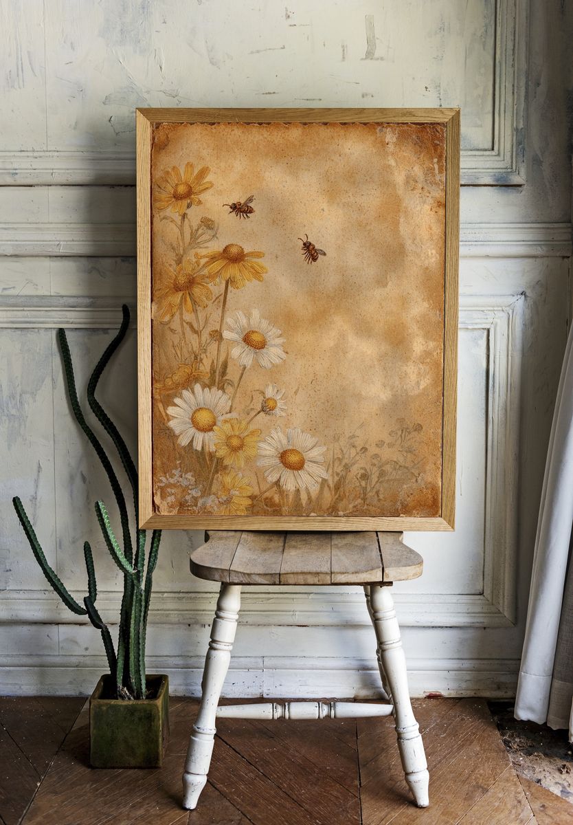 Wildflowers and Bees — Vintage Print. — room view 1
