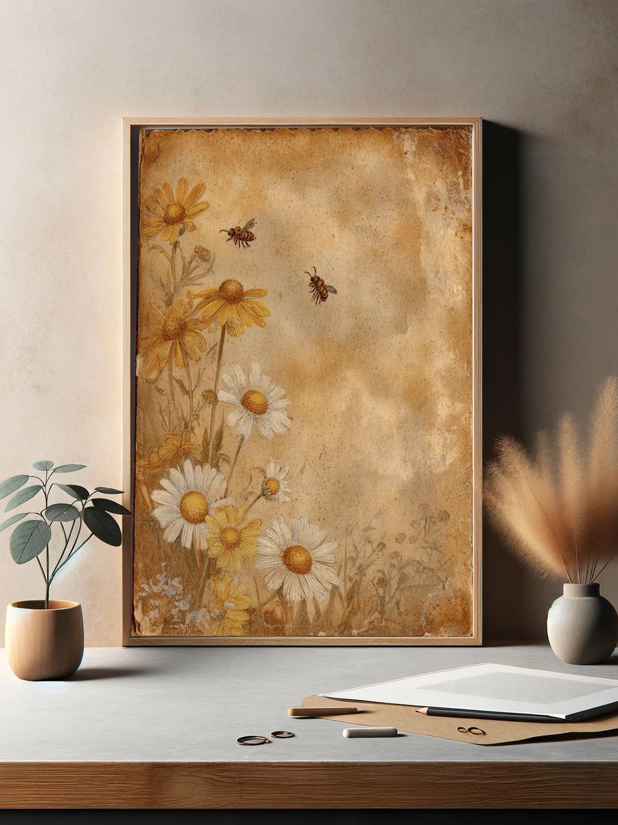 Wildflowers and Bees — Vintage Print. — room view 2
