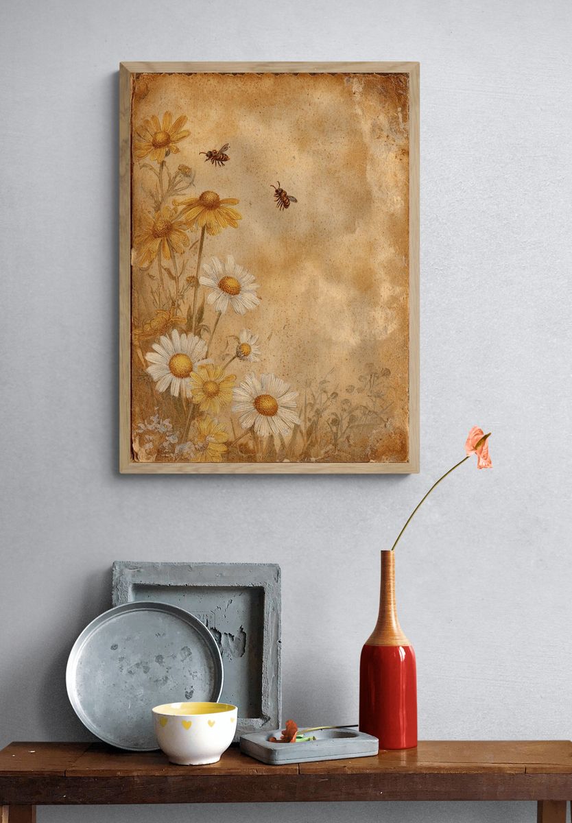 Wildflowers and Bees — Vintage Print. — room view 3