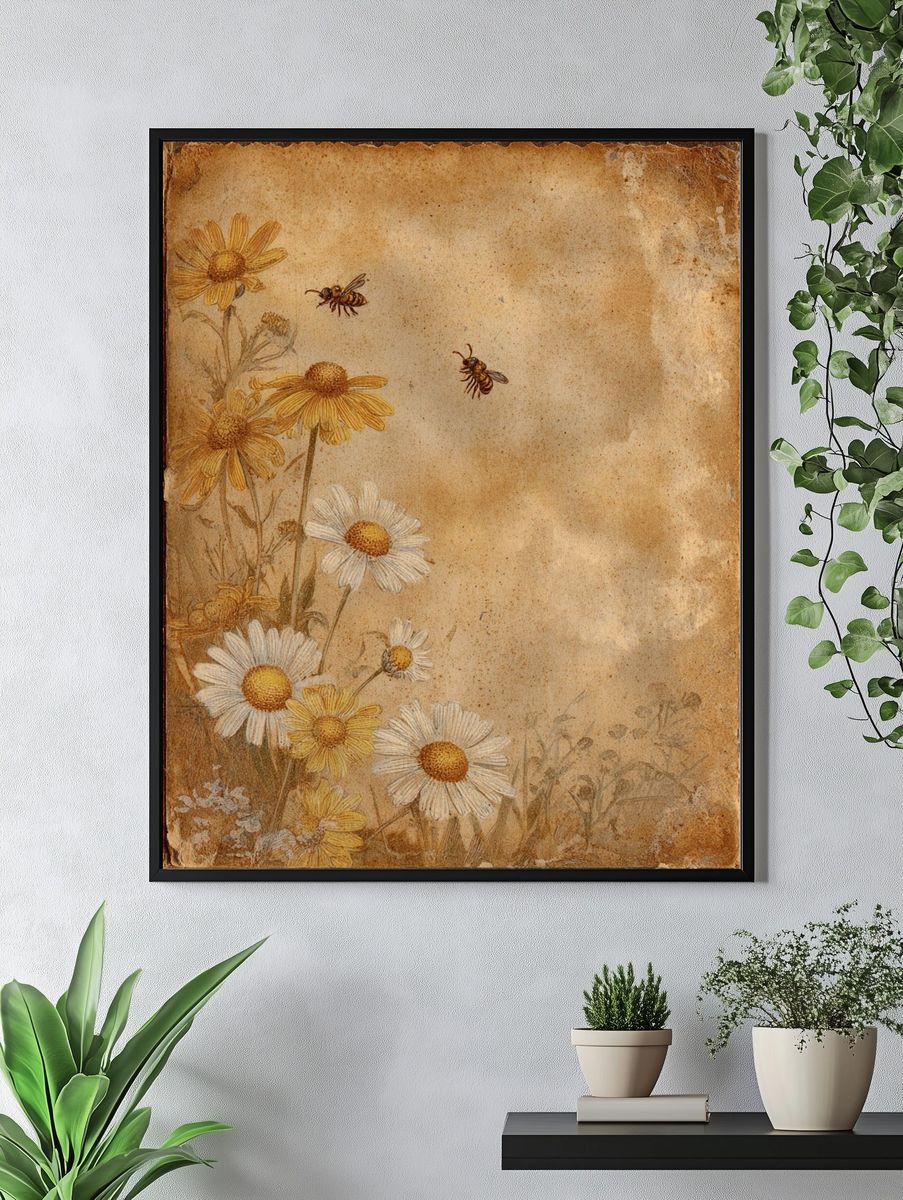 Wildflowers and Bees — Vintage Print. — room view 4
