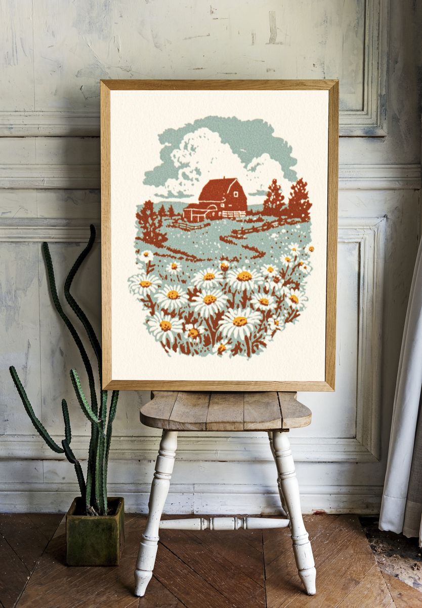 Daisy Field with Barn — Vintage Print. — room view 1