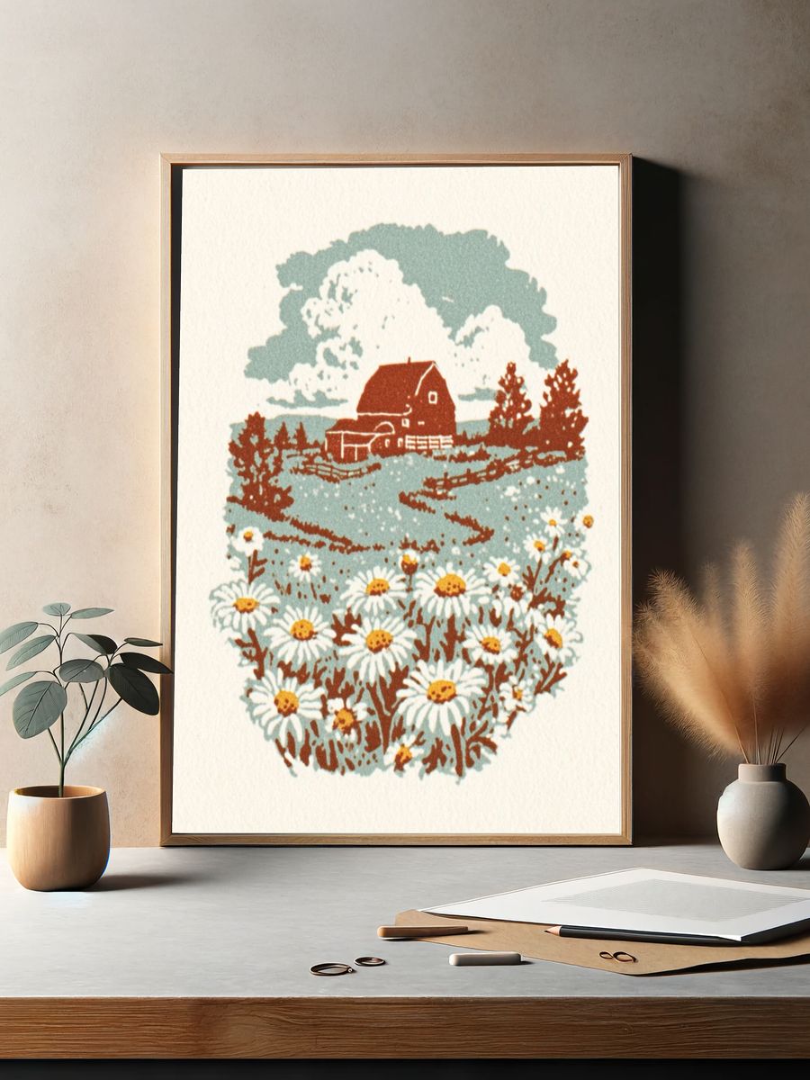 Daisy Field with Barn — Vintage Print. — room view 2