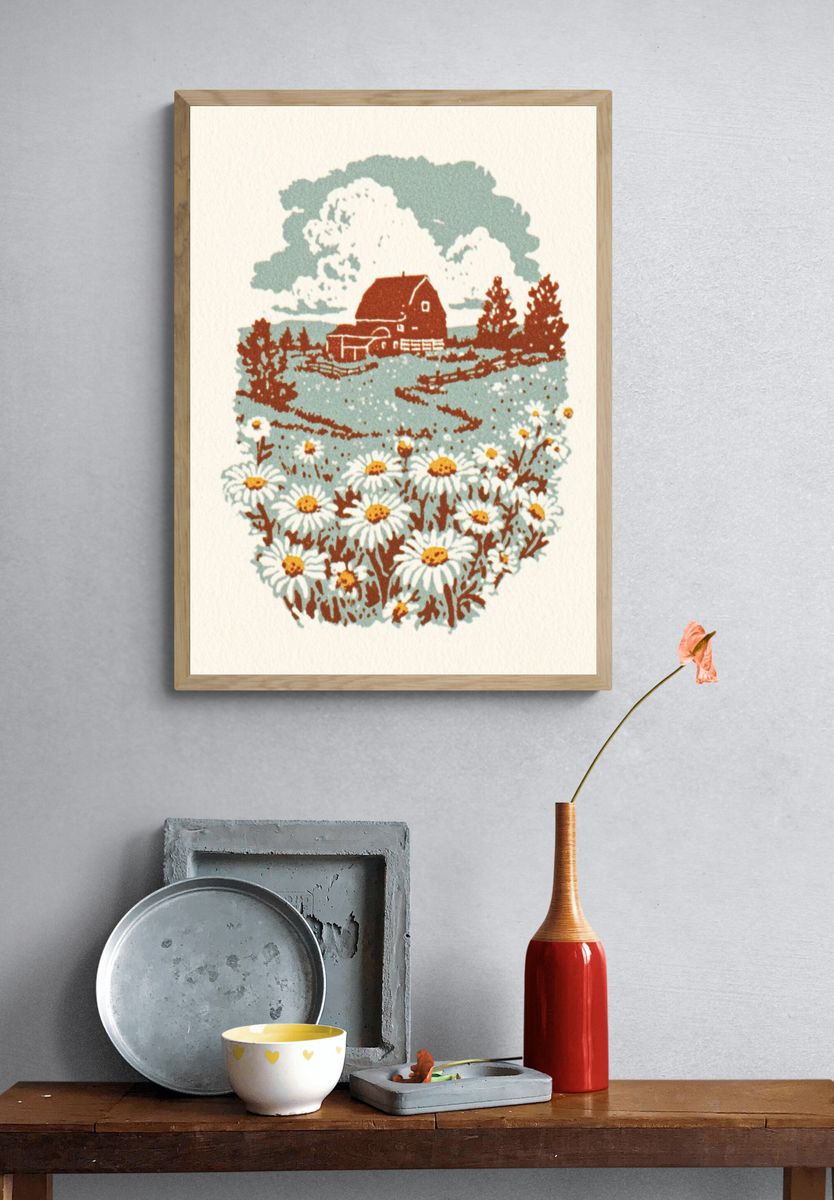Daisy Field with Barn — Vintage Print. — room view 3