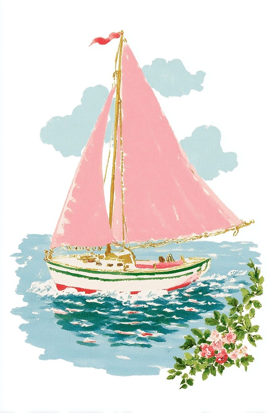 Sailing Boat with Pink Sails — Vintage Print. poster detail