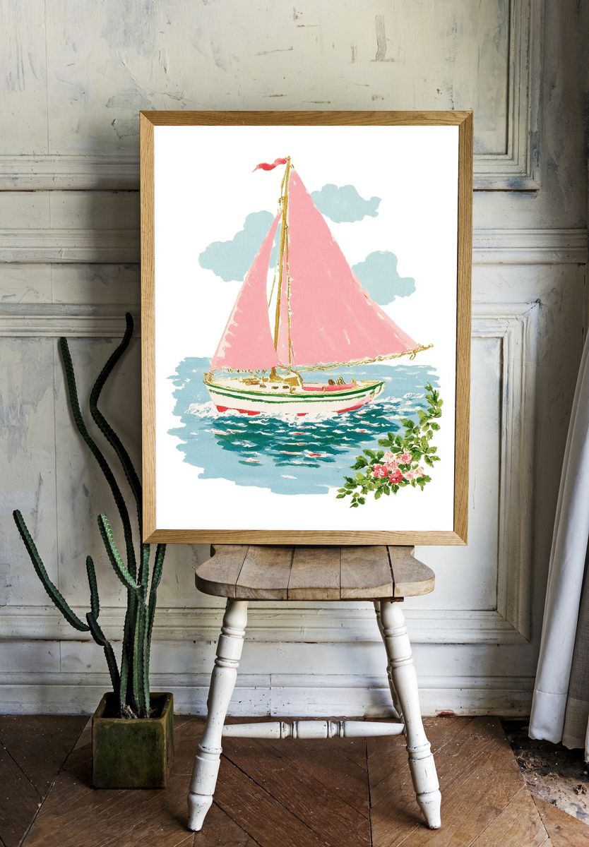Sailing Boat with Pink Sails — Vintage Print room preview