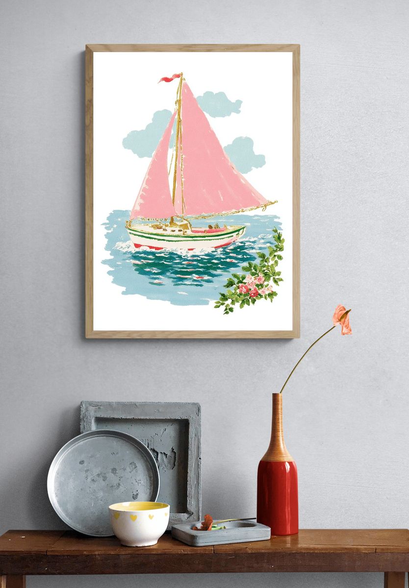 Sailing Boat with Pink Sails — Vintage Print. — room view 3