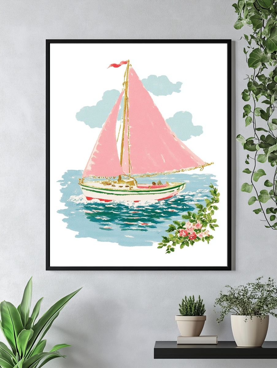 Sailing Boat with Pink Sails — Vintage Print. — room view 4