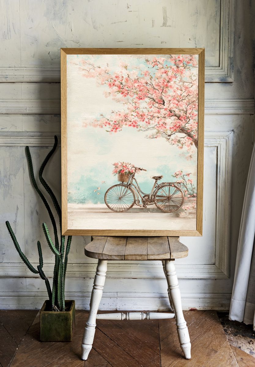 Bicycle with Cherry Blossoms — Vintage Print room preview