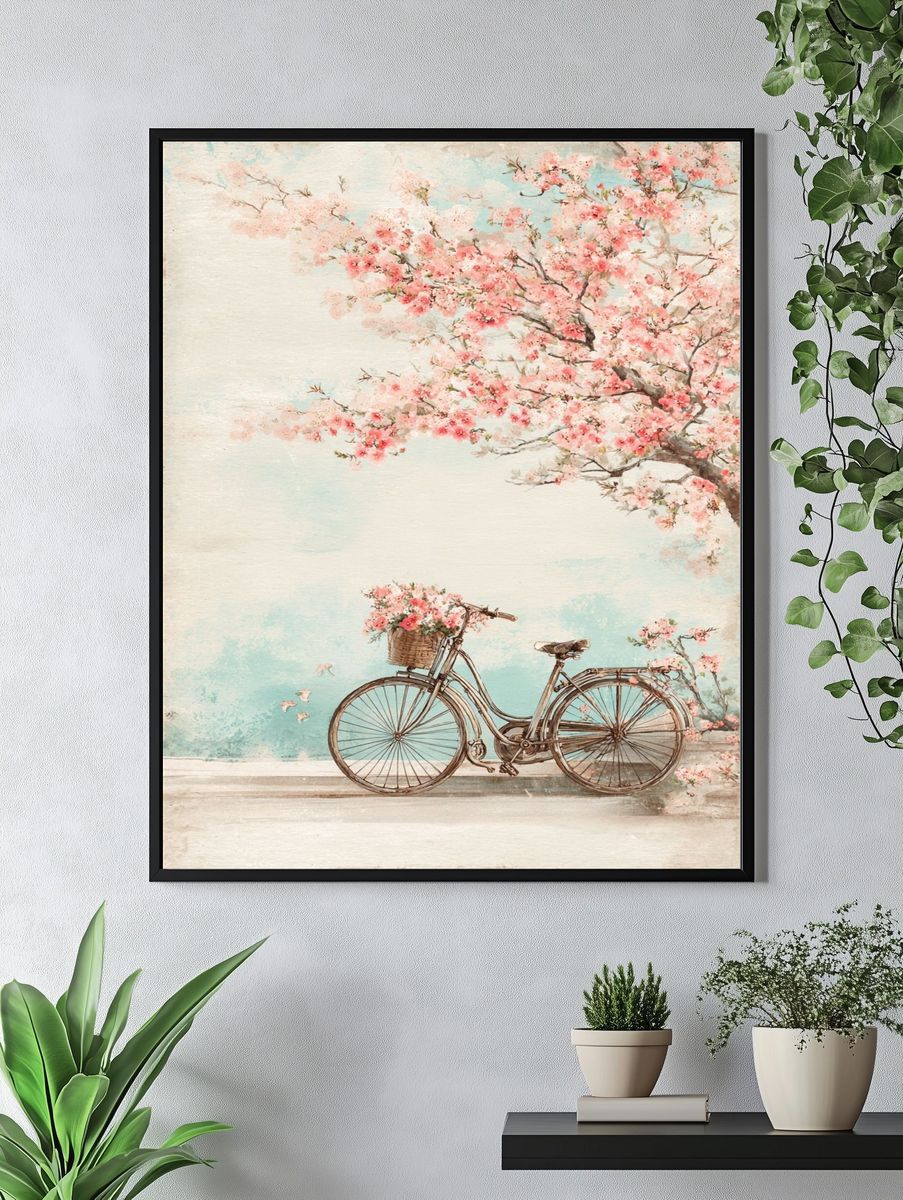 Bicycle with Cherry Blossoms — Vintage Print. — room view 4